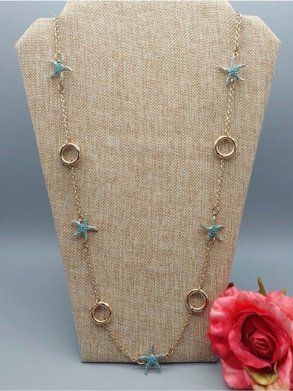 Gold Starfish Link Necklace with Pale Blue Accents - Picture 6 of 7